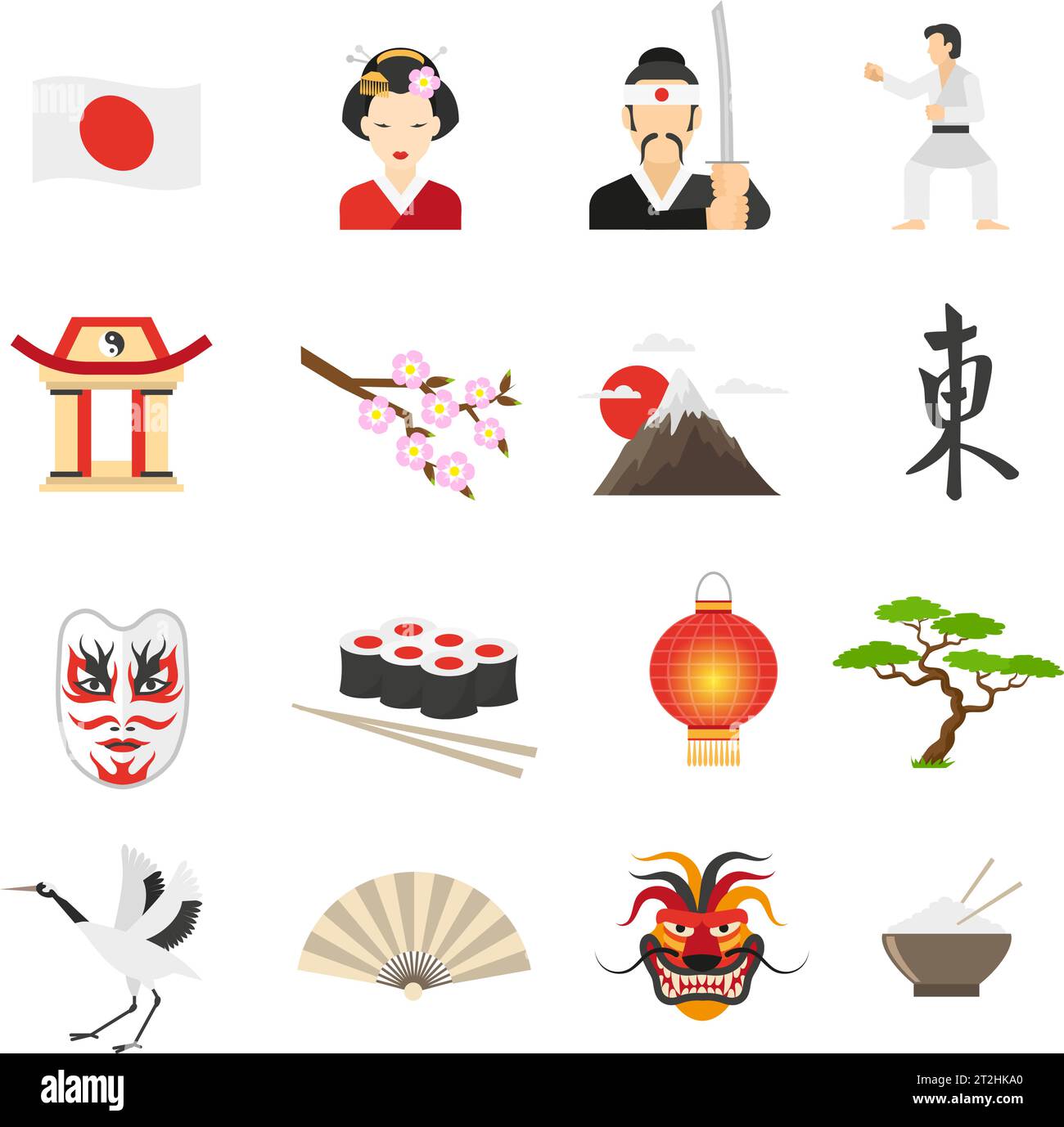 Japan icons set with sushi mountains and dragon symbols flat isolated ...