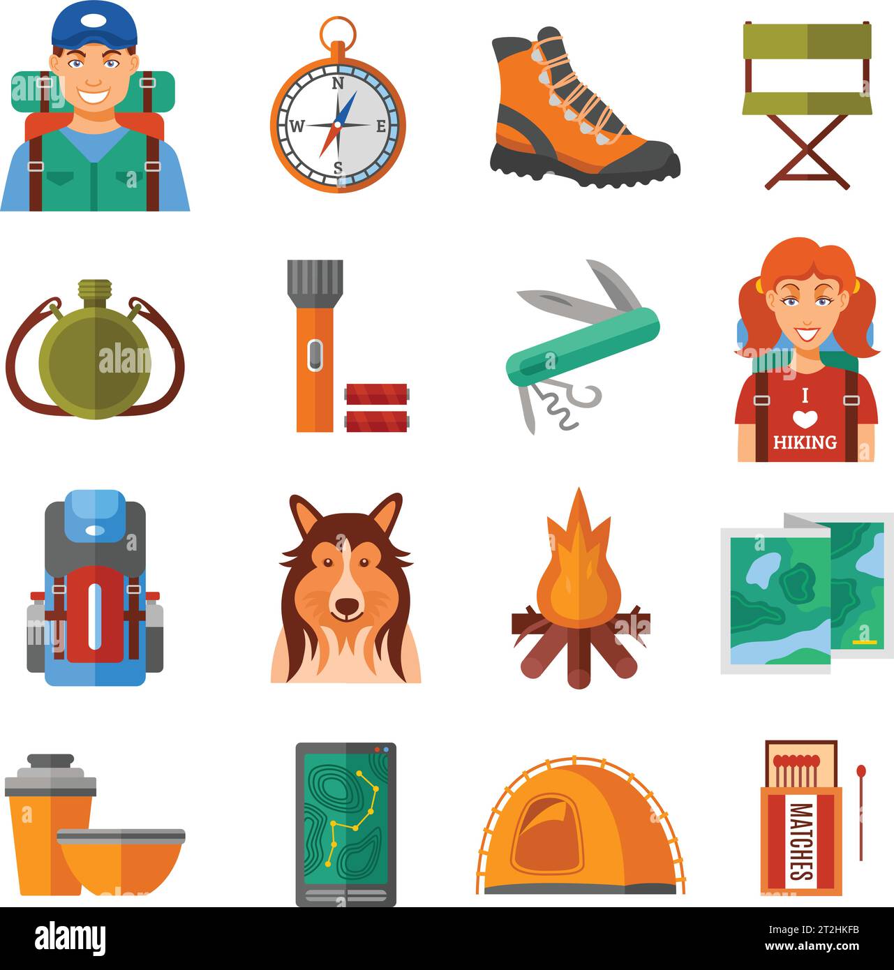 Hiking flat color isolated icons set with travelers compass tent campfire tourist accessories vector illustration Stock Vector