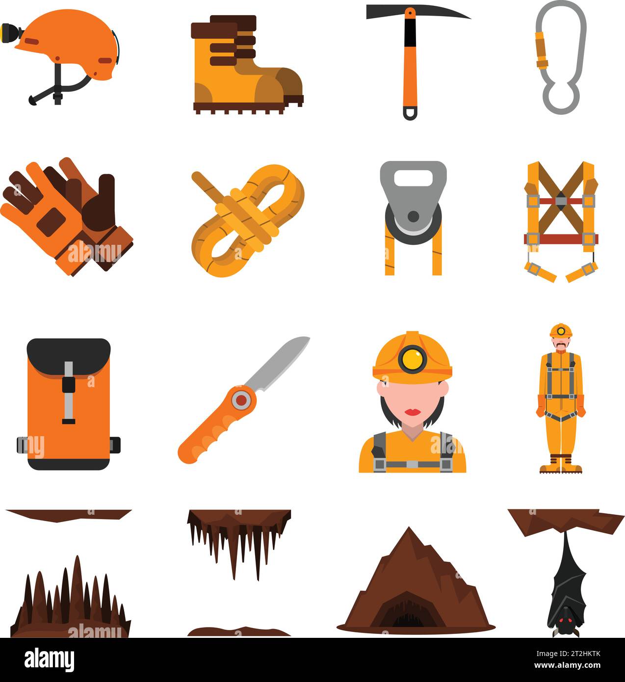 Speleologist in helmet with light harness equipment and ice axe flat icons set abstract isolated vector illustration Stock Vector