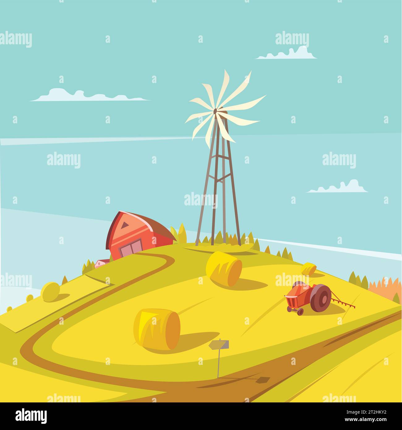Farming and agriculture background with windmill tractor house and ...