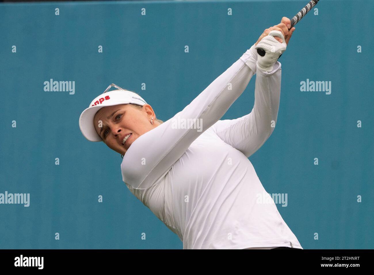 Paju, South Korea. 19th Oct, 2023. Nanna Koerstz Madsen from Danish, plays drives from a tee shot 1st hall during their first round of the LPGA BMW Ladies Championship 2023 at Seowon Valley C.C in Paju, South Korea on October 19, 2023. (Photo by: Lee Young-ho/Sipa USA) Credit: Sipa USA/Alamy Live News Stock Photo