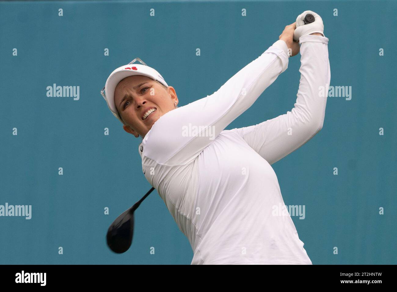 Paju, South Korea. 19th Oct, 2023. Nanna Koerstz Madsen from Danish, plays drives from a tee shot 1st hall during their first round of the LPGA BMW Ladies Championship 2023 at Seowon Valley C.C in Paju, South Korea on October 19, 2023. (Photo by: Lee Young-ho/Sipa USA) Credit: Sipa USA/Alamy Live News Stock Photo