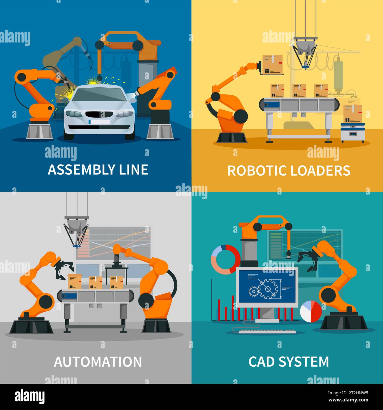 Automation concept icons set with assembly line and CAD system symbols