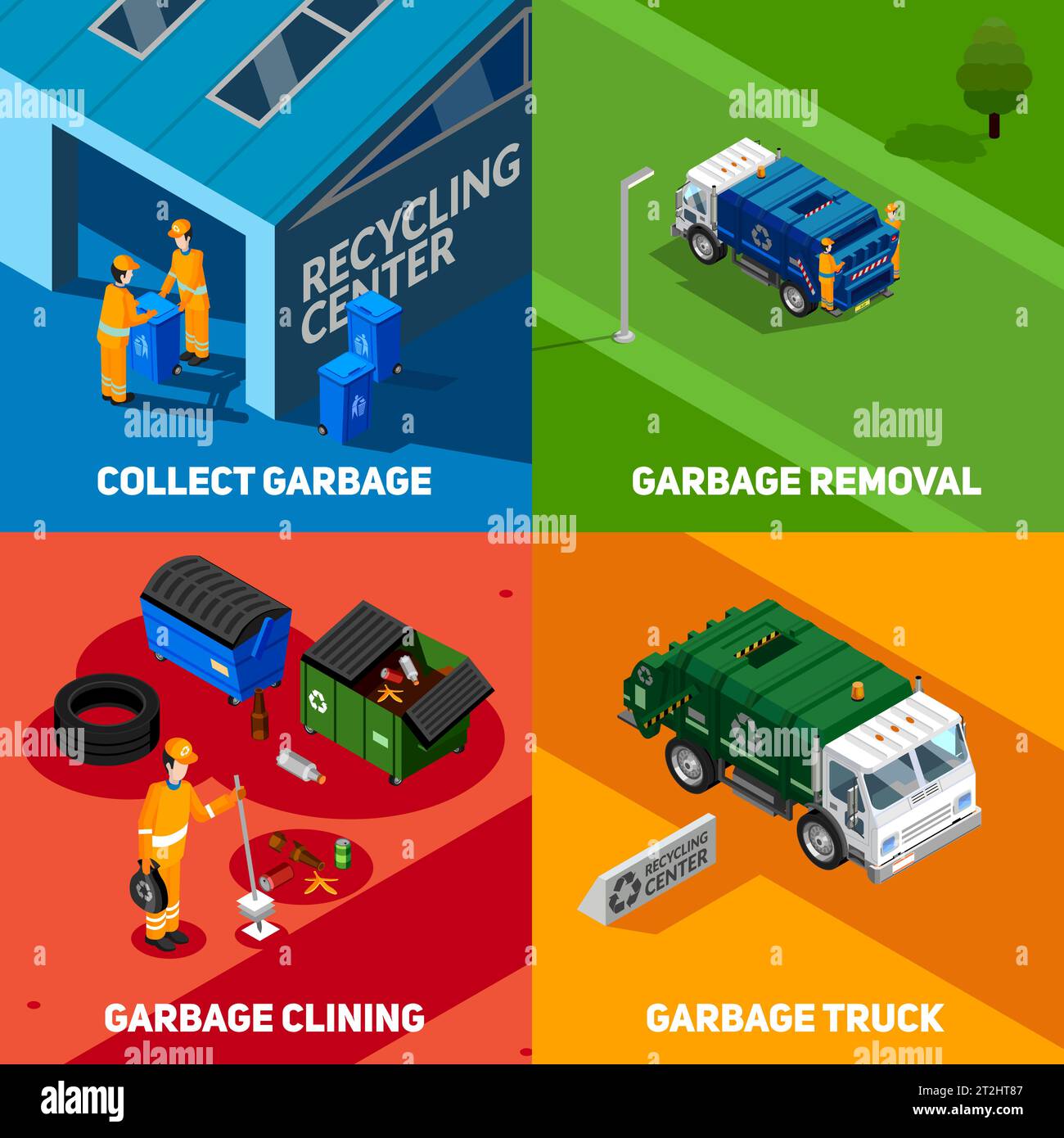 Isometric 2x2 design concept set of collect and removal garbage with