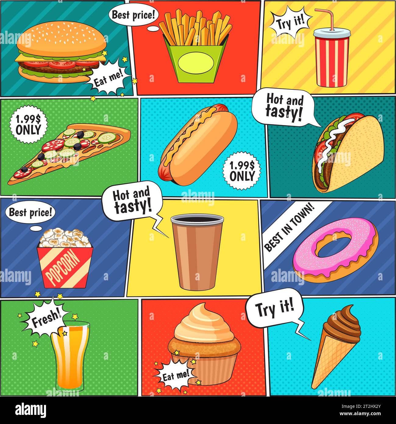 Fast food comic panels icons composition page with speech balloons and