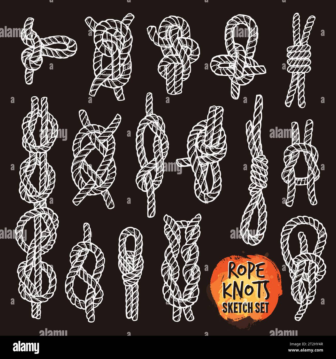 Rope knots collection with various bends and bows in sketch style isolated vector illustration Stock Vector