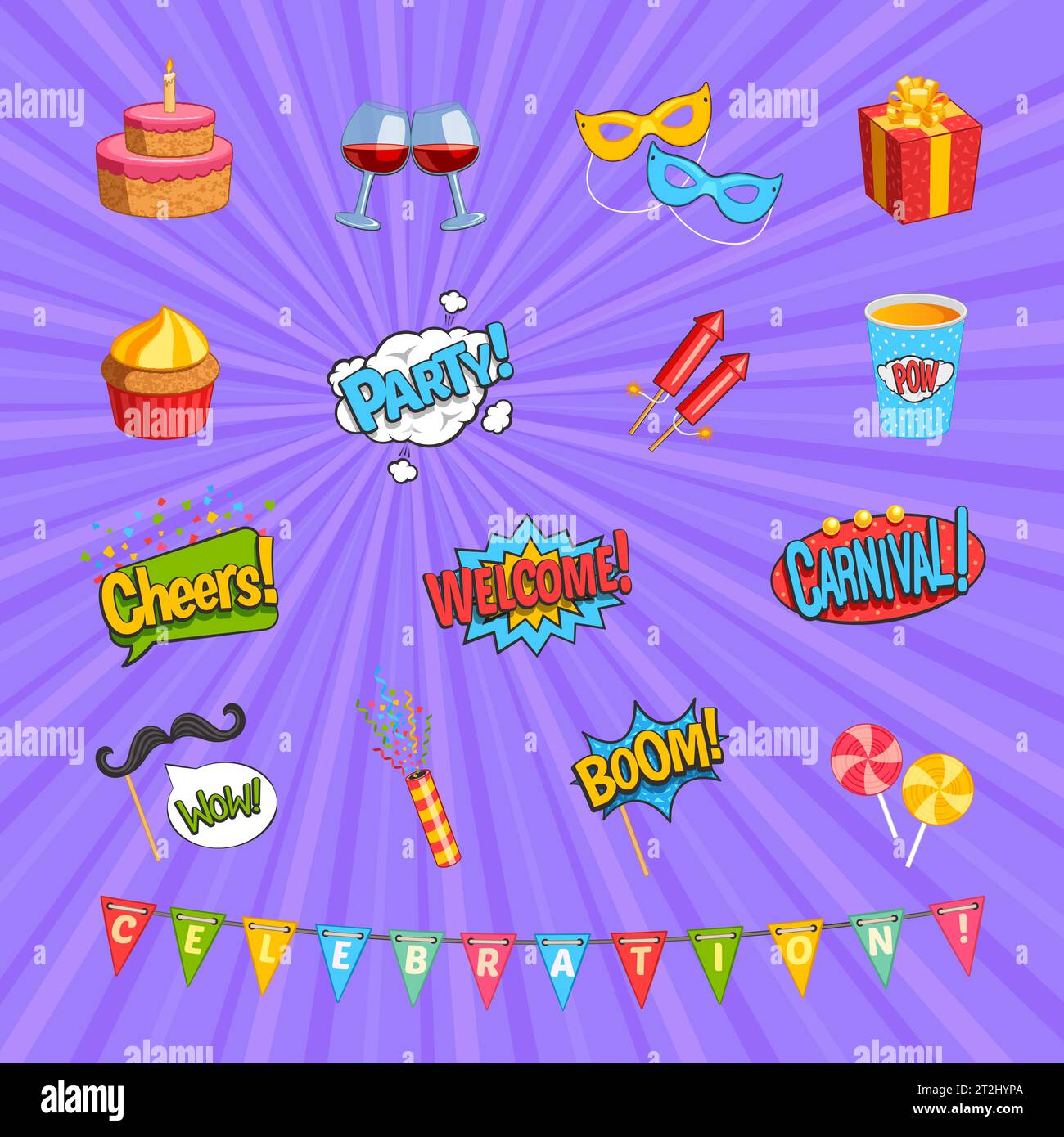 Carnival comic elements set with presents symbols flat isolated vector illustration Stock Vector