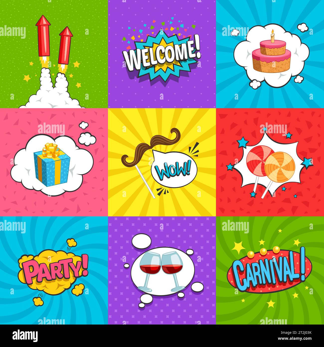 Party comic labels set with fun symbols flat isolated vector illustration Stock Vector
