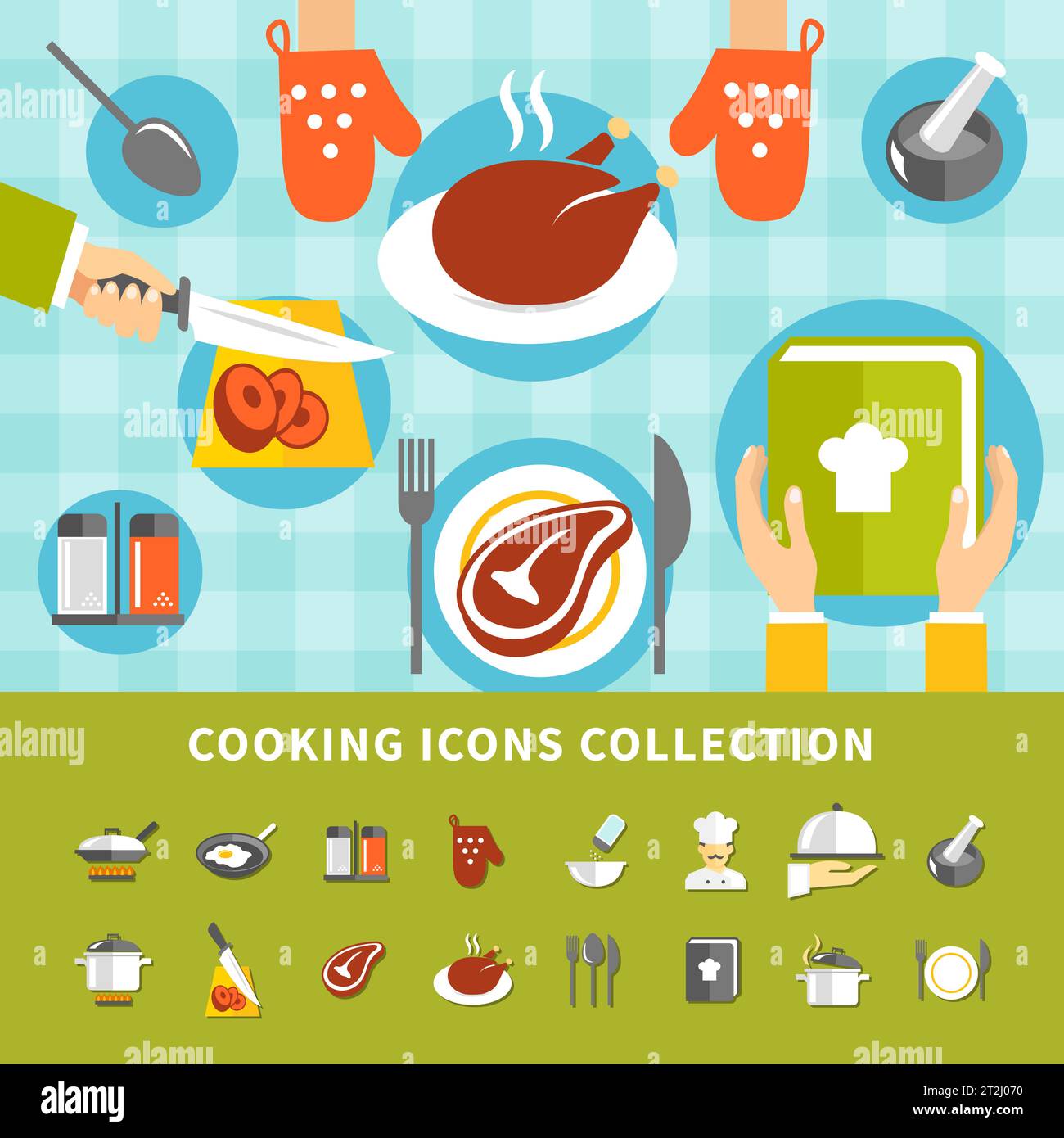 Cooking elements set with kitchen utensils different dishes meals