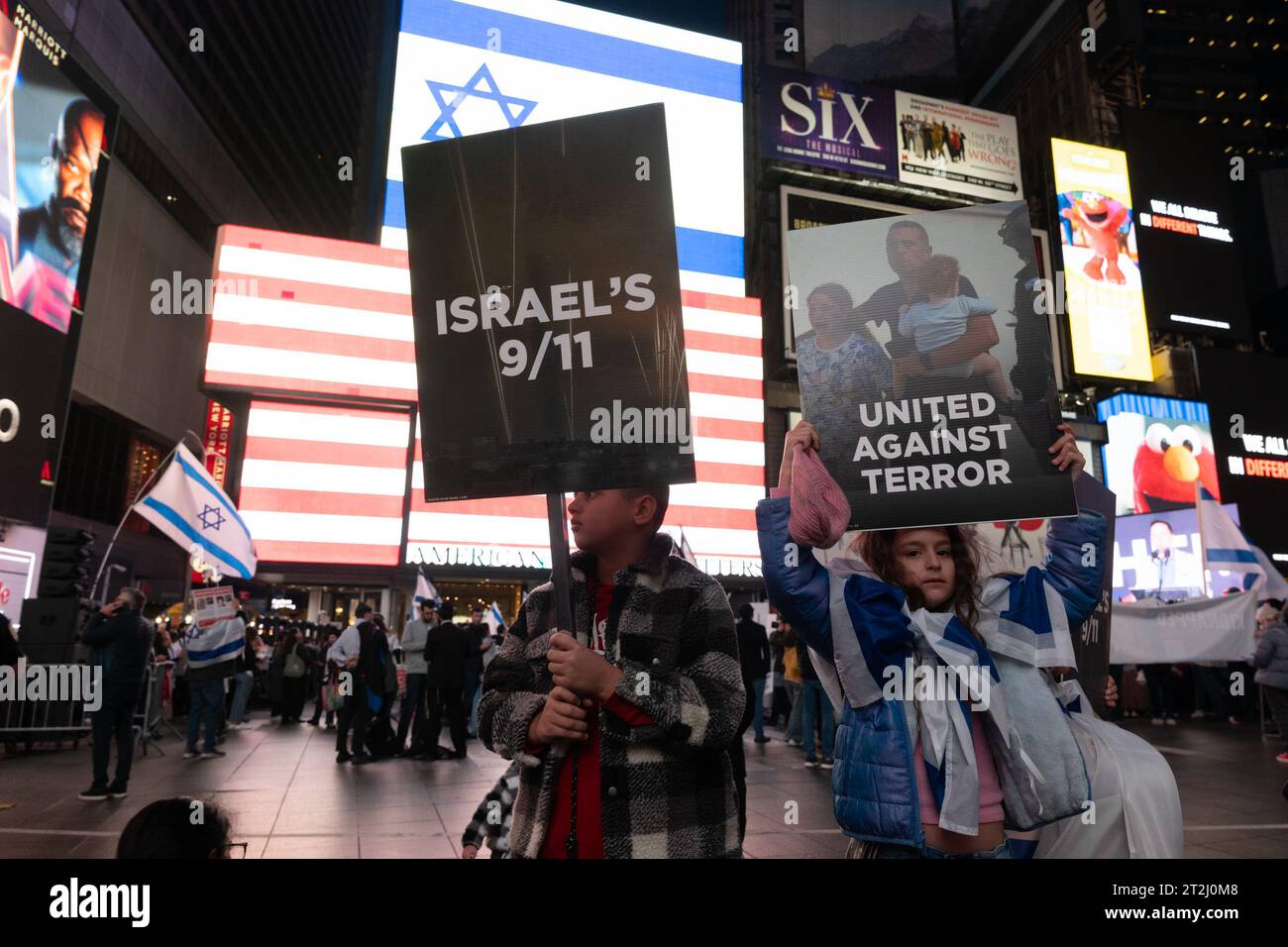 New York, New York, USA. 19th Oct, 2023. Hundreds of demonstrators rallied in New York City's Times Square to rally against an ongoing conflict between Israeli defense league and the Palestinian Hamas Party. The conflict between the groups began on October 7, 2023 U.S. President Joe Biden-D, spoke from the oval office launching a new mission on Thursday to convince 'Americans they should spend billions more on supporting Israel and Ukraine in their wars, arguing that only the U.S.'s involvement can prevent global chaos. (Credit Image: © Brian Branch Price/ZUMA Press Wire) EDITORIAL USAGE O Stock Photo