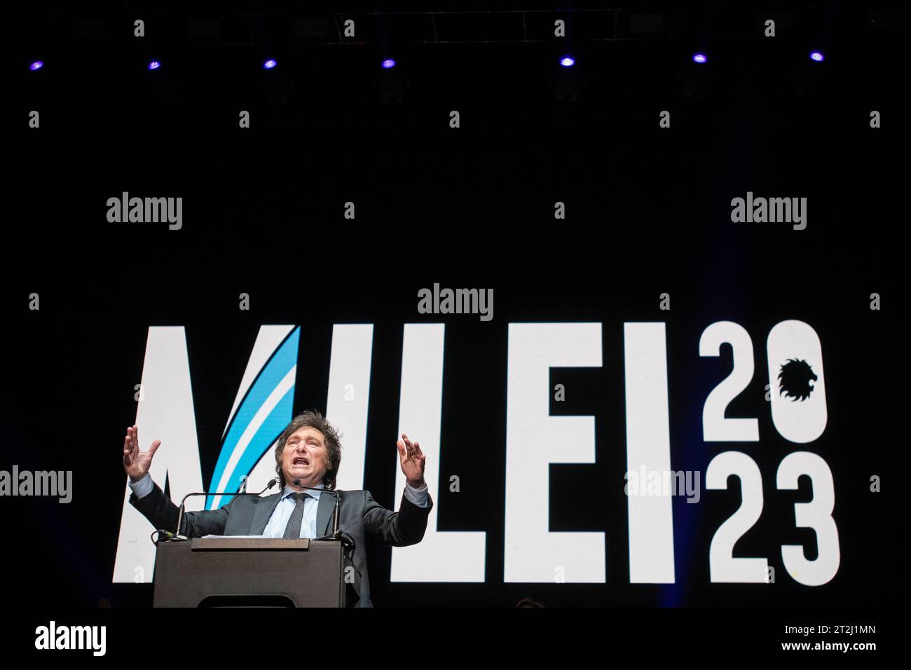 Buenos Aires, Argentina. 18th Oct, 2023. Presidential candidate of the Liberty Advances coalition Javier Milei reacts during a campaign rally. Argentine presidential candidate Javier Milei of the Liberty Advances coalition attends the closing event of his electoral campaign ahead of the presidential election. Credit: SOPA Images Limited/Alamy Live News Stock Photo