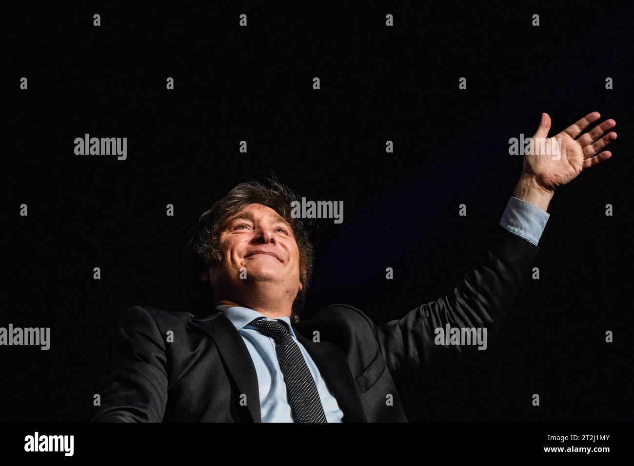 Buenos Aires, Argentina. 18th Oct, 2023. Presidential candidate of the Liberty Advances coalition Javier Milei reacts during a campaign rally. Argentine presidential candidate Javier Milei of the Liberty Advances coalition attends the closing event of his electoral campaign ahead of the presidential election. Credit: SOPA Images Limited/Alamy Live News Stock Photo