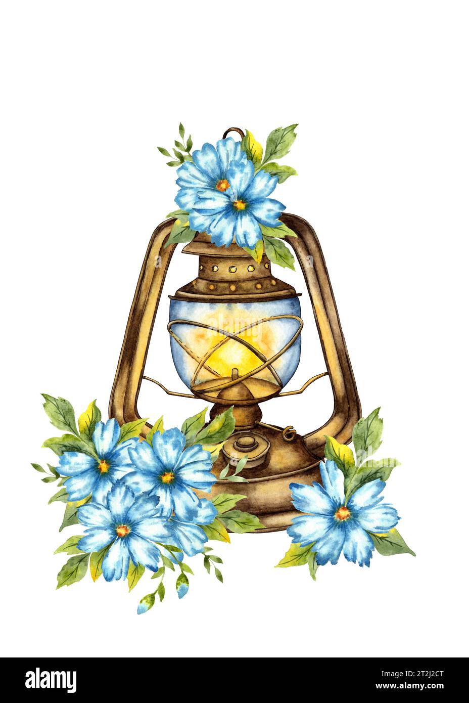Watercolor illustration of a retro lantern and blue flowers. Vintage clipart. Composition for the design of souvenirs, postcards, posters, banners, me Stock Photo