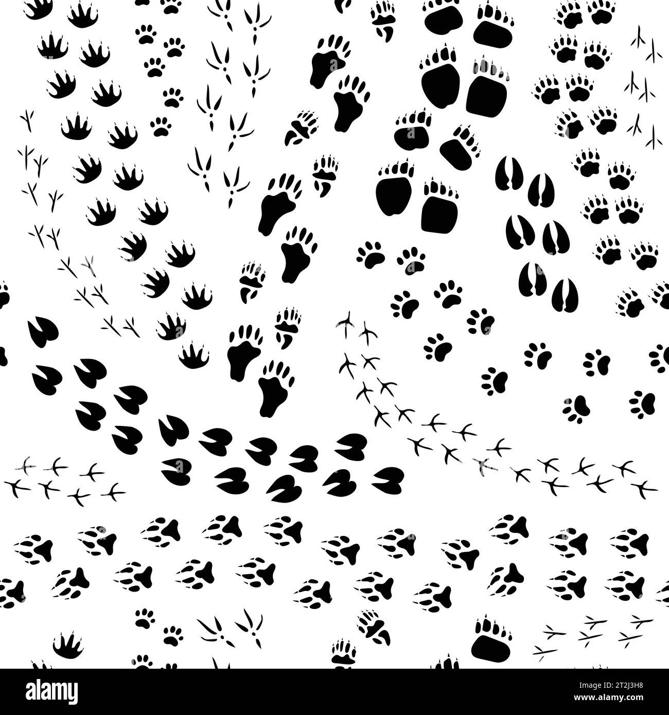 Flat design monochrome seamless pattern with various animals and birds tracks on white background vector illustration Stock Vector