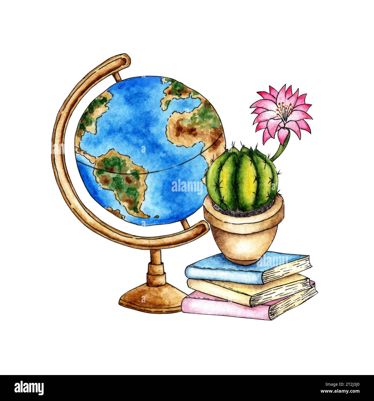 Watercolor illustration of a blue-green globe on a brown base, a stack ...