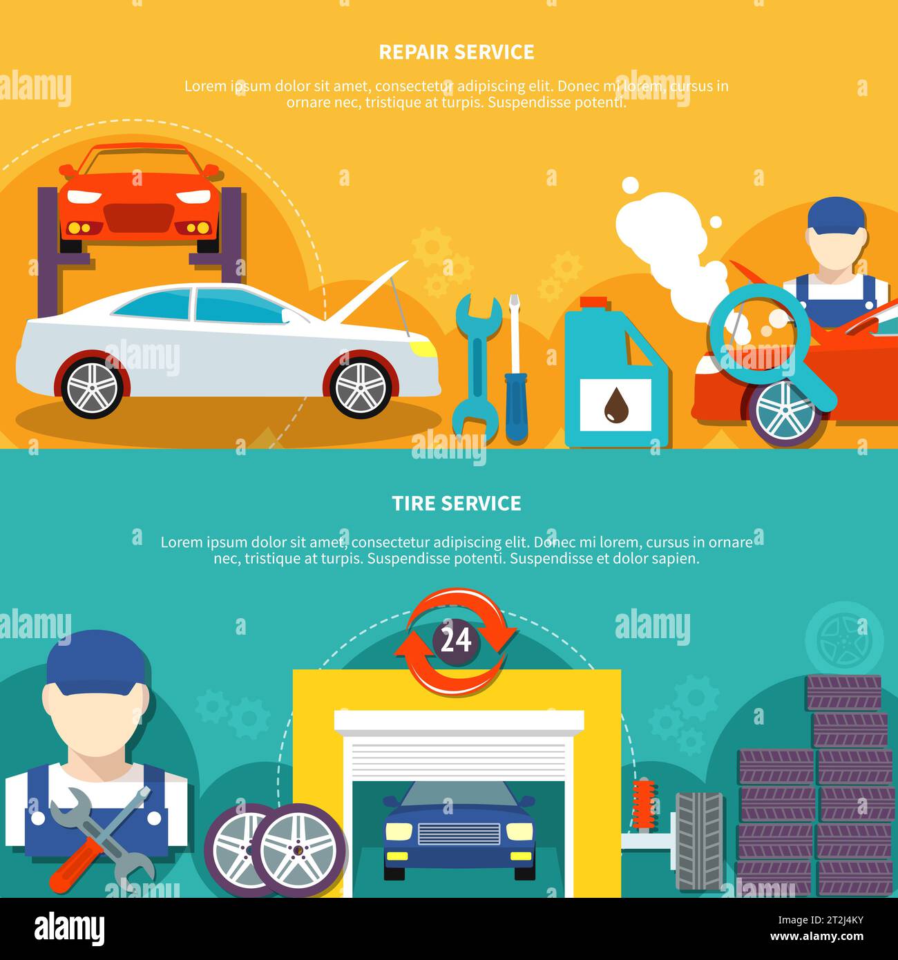 Auto service two horizontal banners with tire service and car spares