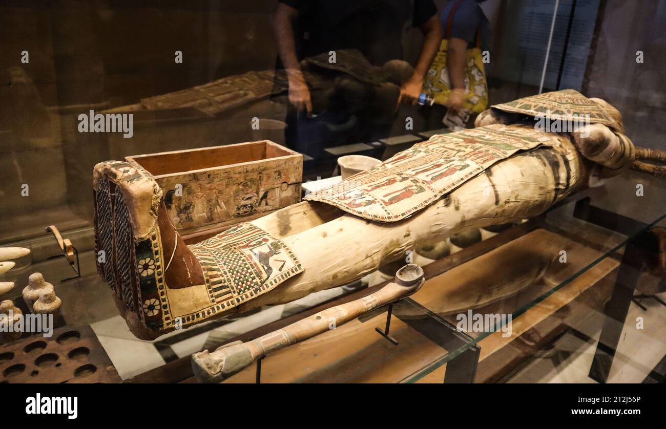 Egyptian mummy in Louvre Museum, Paris, France. Egyptian antiquities of