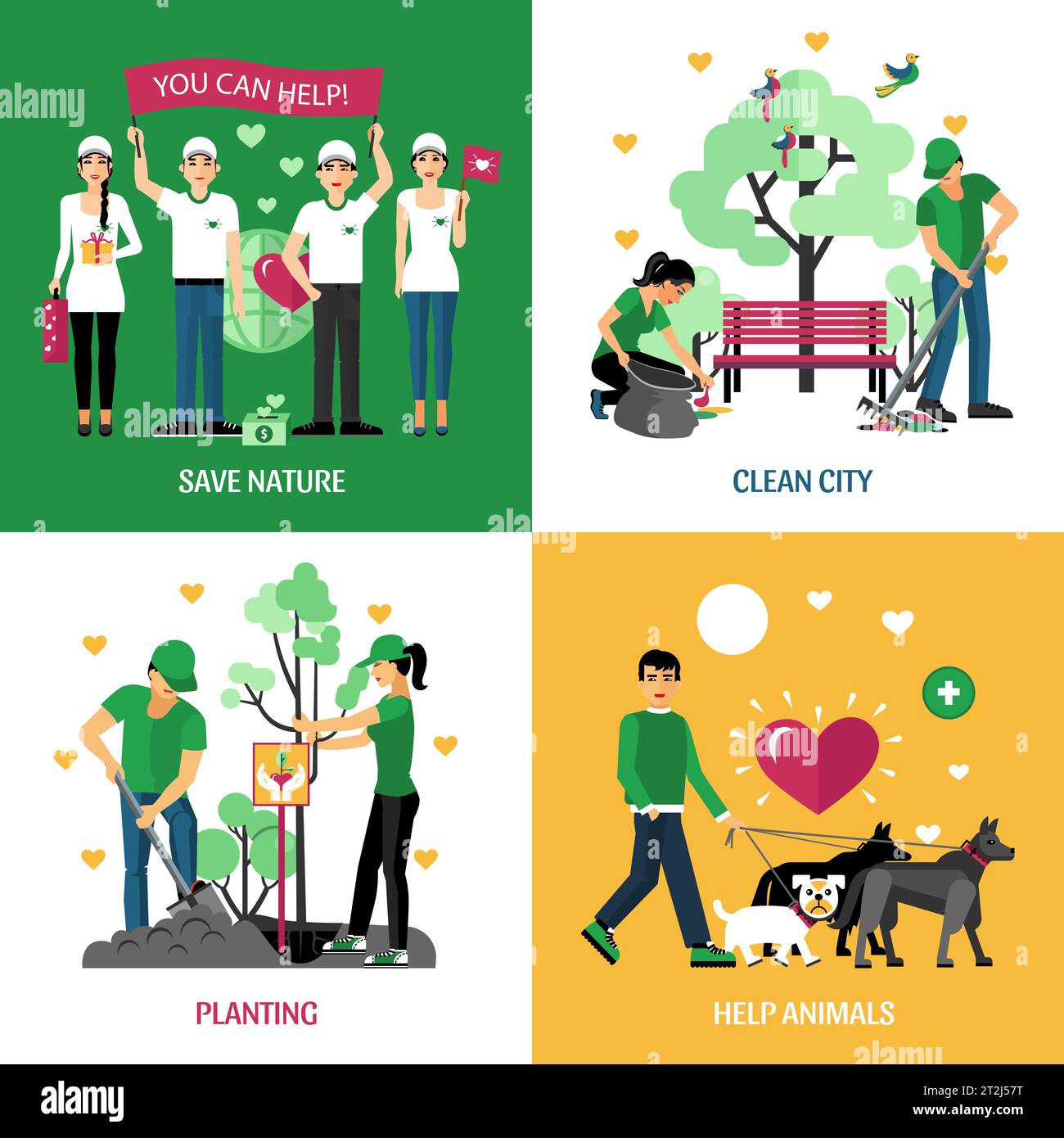 Volunteers 2x2 design concept set of help animals planting clean city and save nature action compositions flat vector illustration Stock Vector