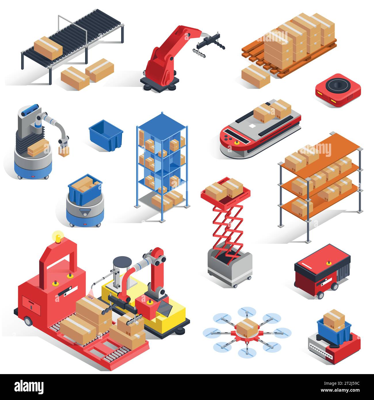 Automatic logistics warehouse robots isolated isometric icons set with