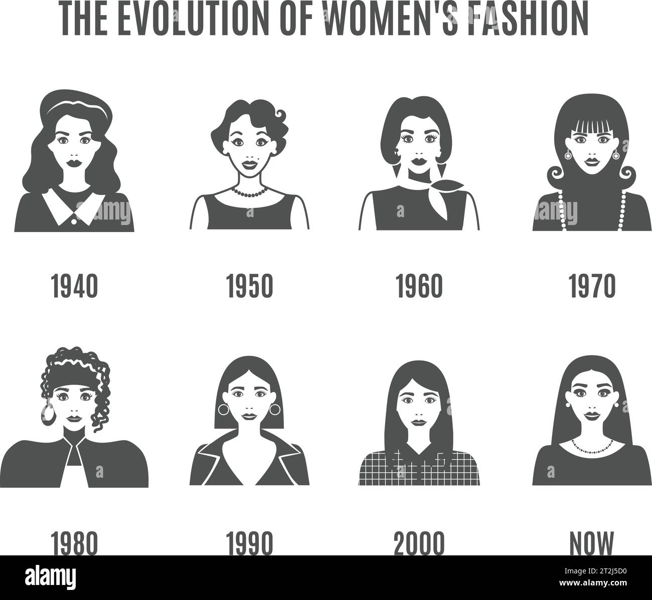 Women Fashion Black White Icons Set. Fashion Evolution Vector Illustration. Fashion Evolution Decorative Set.  Fashion Evolution Avatar Design Set. Fa Stock Vector