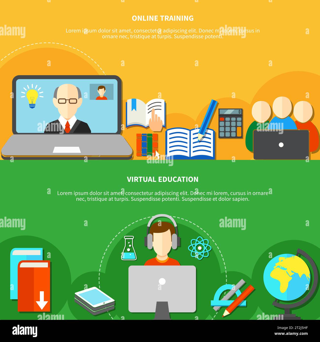 Two horizontal and isolated e learning banner set with online training and virtual education descriptions vector illustration Stock Vector