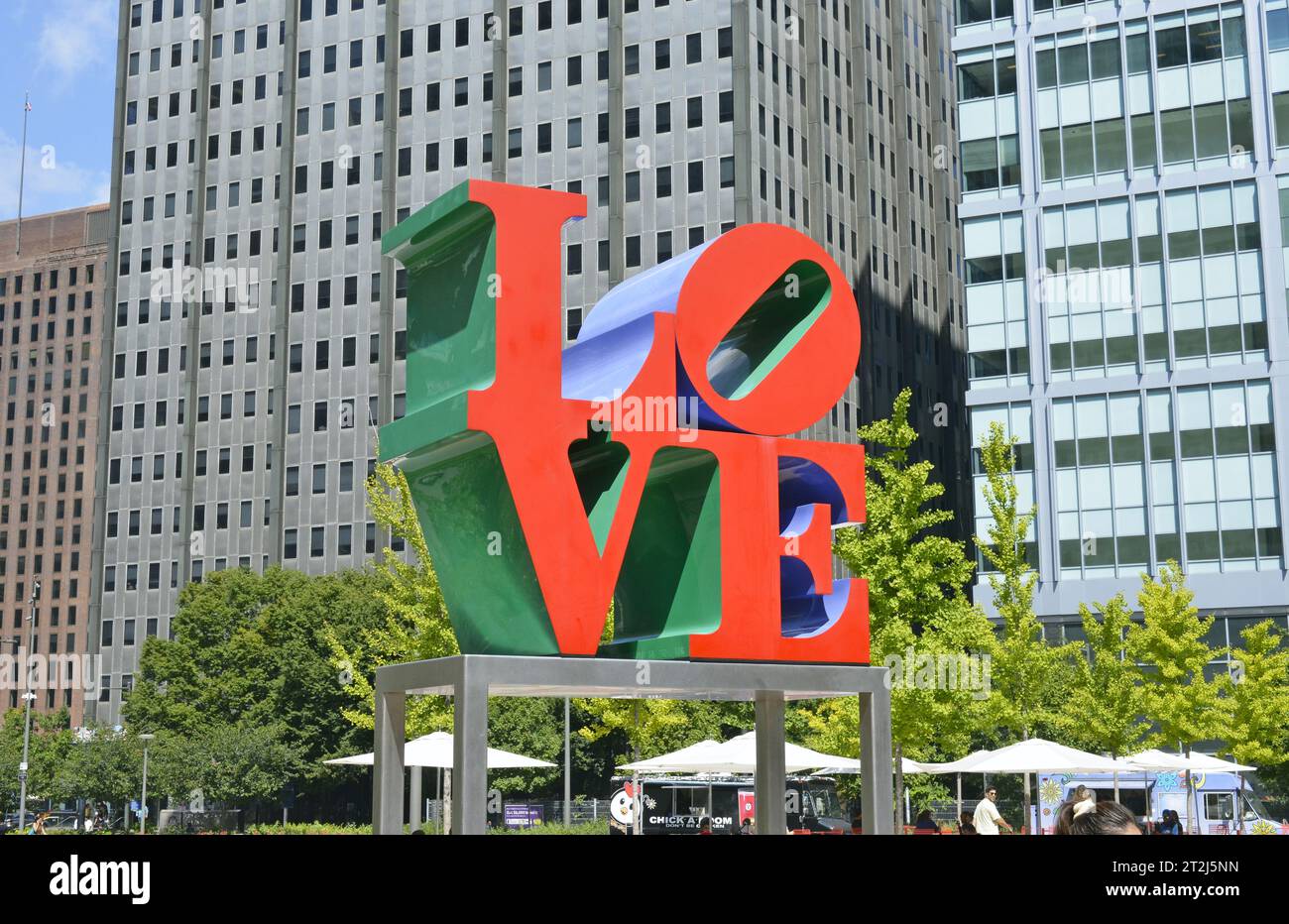The brightly colored outdoor Love public sculpture in Love Park, in Philadelphia, Pennsylvania Stock Photo