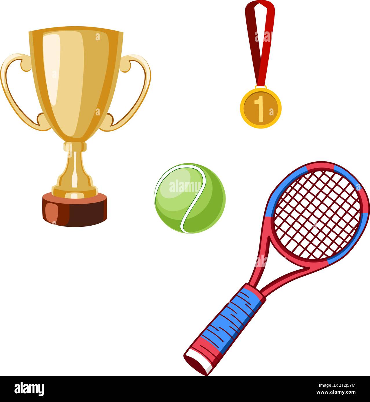 Tennis winner set. Cartoon set of tennis sport equipment. Vector design Stock Vector