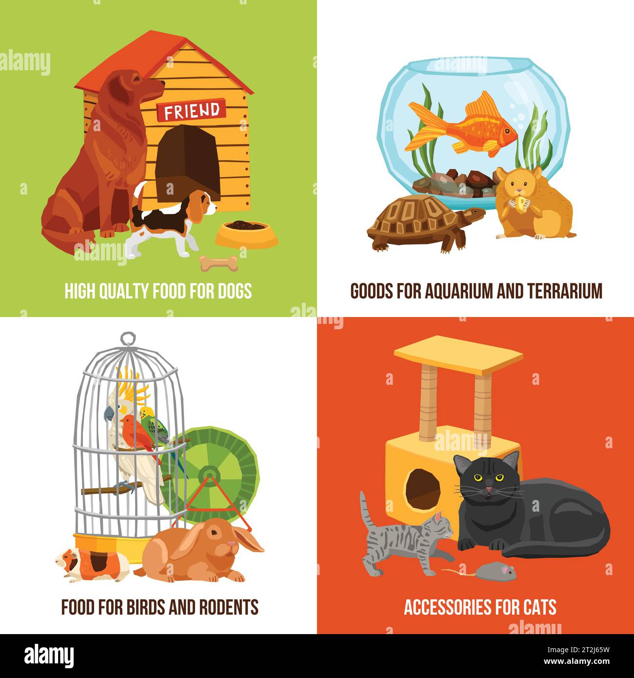 Home pets 2x2 design concept set of high quality food and accessories for dogs cats birds and rodents vector illustration Stock Vector