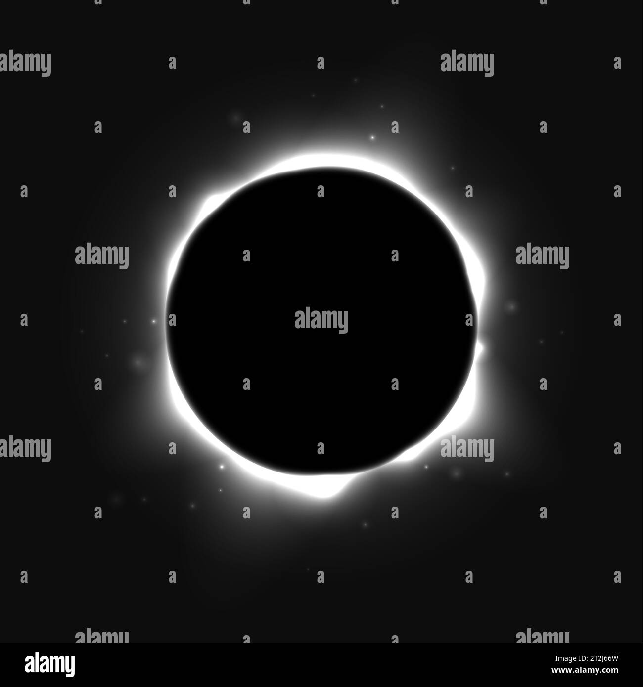 Sun full eclipse concept. Light grey moon glow background. Solar or planet total eclipse in dark space. Hot star surface flare with rays and beams effects. Vector supernova corona illustration Stock Vector