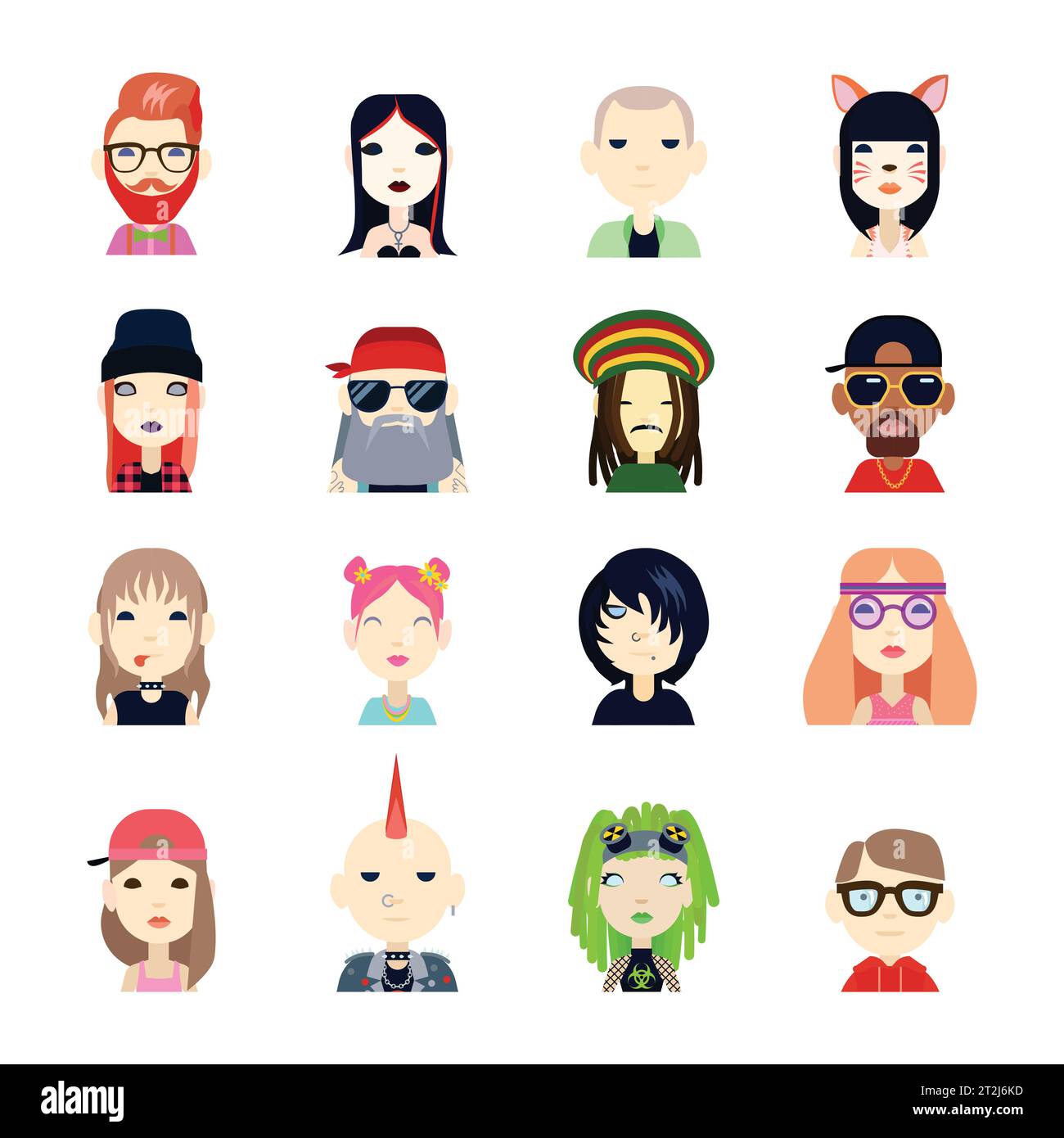 Subcultures and people icons set with hippie and hipster flat isolated vector illustration Stock Vector