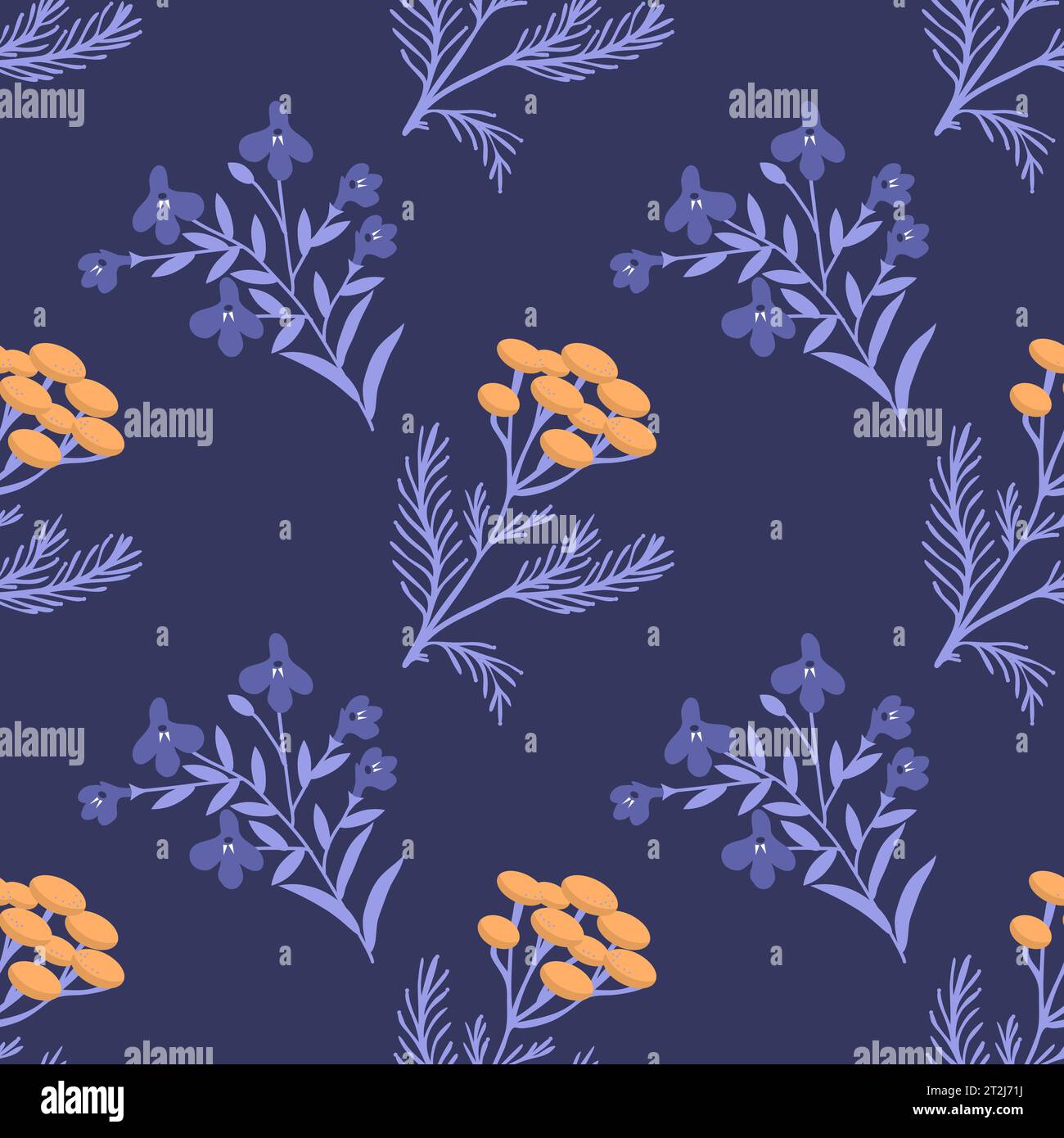 Seamless decorative floral tansy and lobelia pattern Stock Vector
