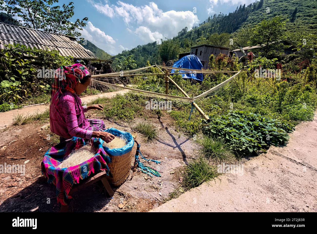 Flower Hmong woman spinning linen fibers, Ma Pi Leng, Ha Giang, Vietnam Stock Photo