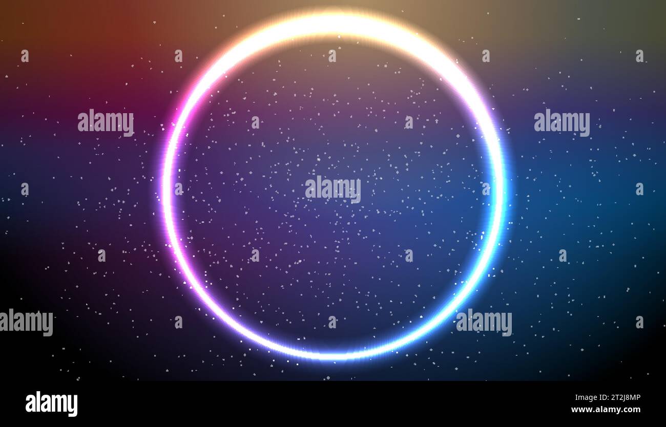 Bright shiny neon circle ring on starry sky. Retro abstract futuristic