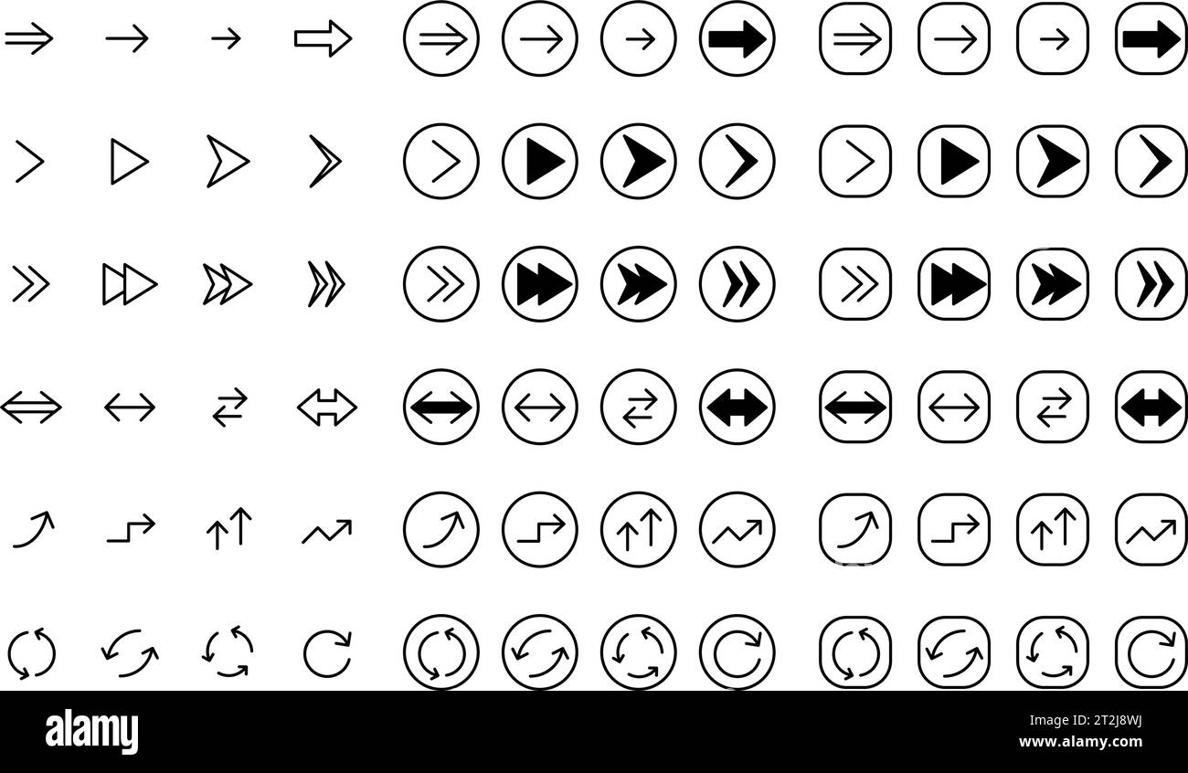 Set of simple arrow icons, black and white (black on white), Vector ...