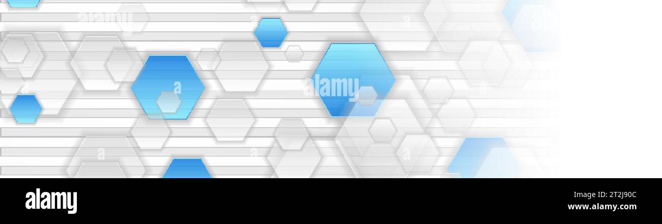 Blue and grey hexagons abstract tech background. Geometric vector banner design Stock Vector