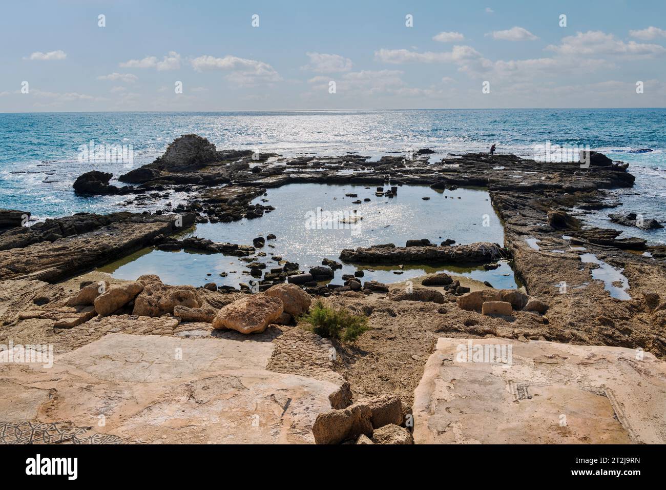 The ruins of Herod Palace in the Caesarea fortress built by Herod The Great near Caesarea city, on the shores of the Mediterranean Sea in northern Isr Stock Photo