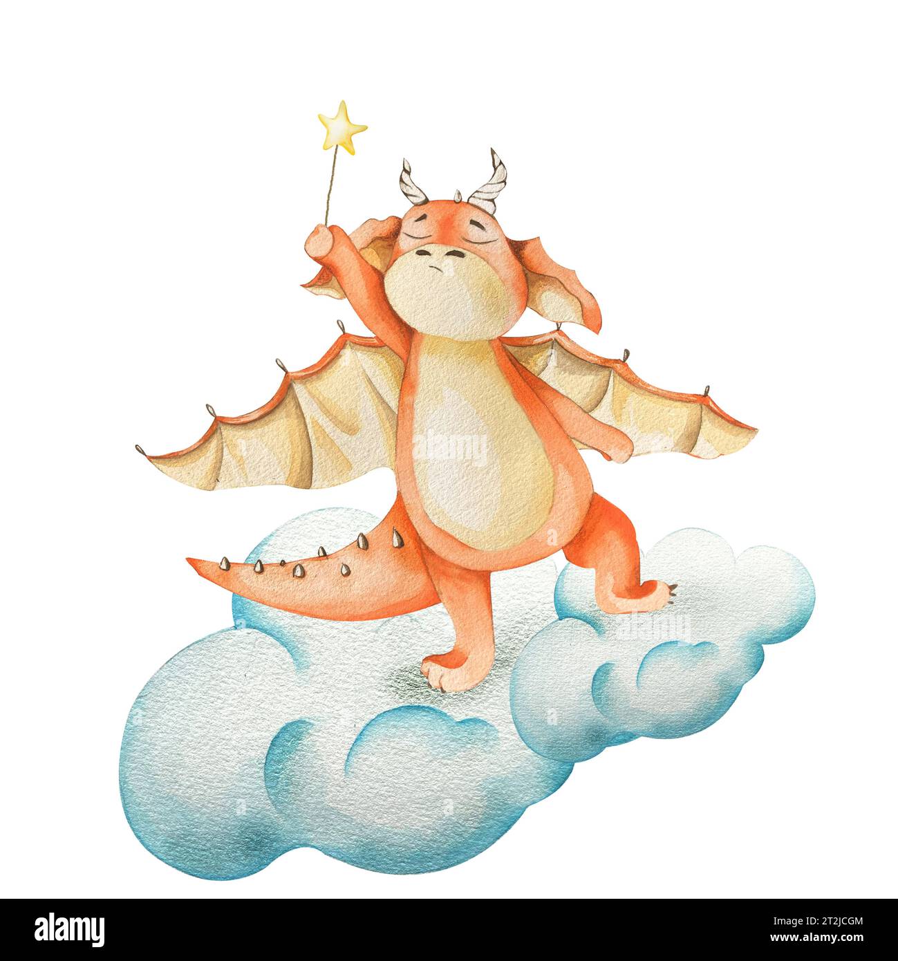cute funny cartoon orange dragon and clouds Watercolor illustration . Children's illustration. for the design of postcards, prints. Stock Photo