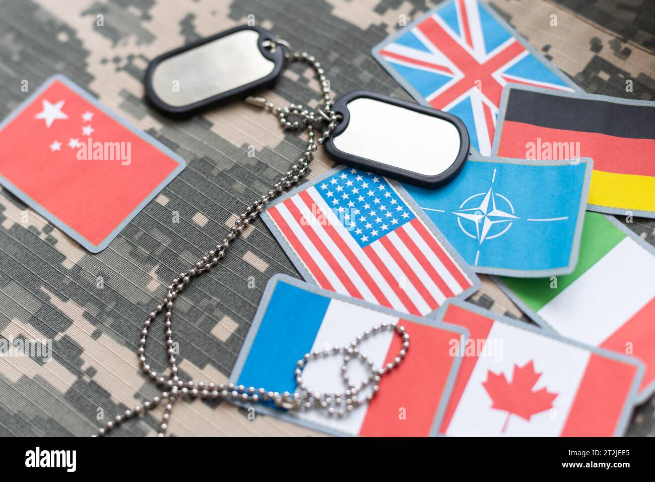 American flag and dog tags on camouflage background Stock Photo - Alamy