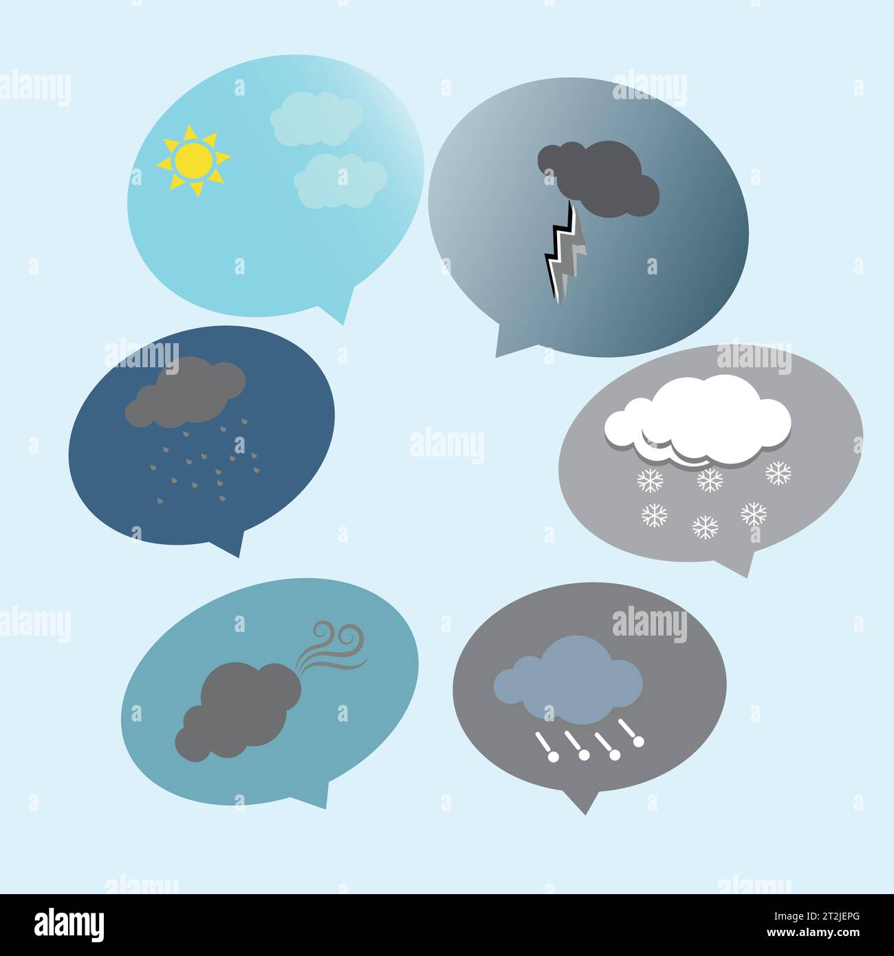 Six speech bubbles with different weather icons Stock Vector