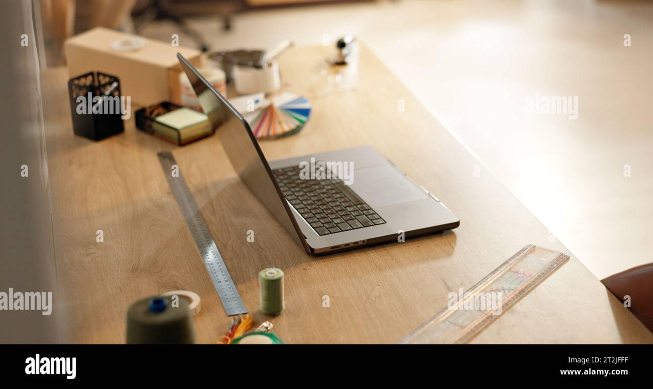 Laptop, ruler and design with color palette on desk for project ...