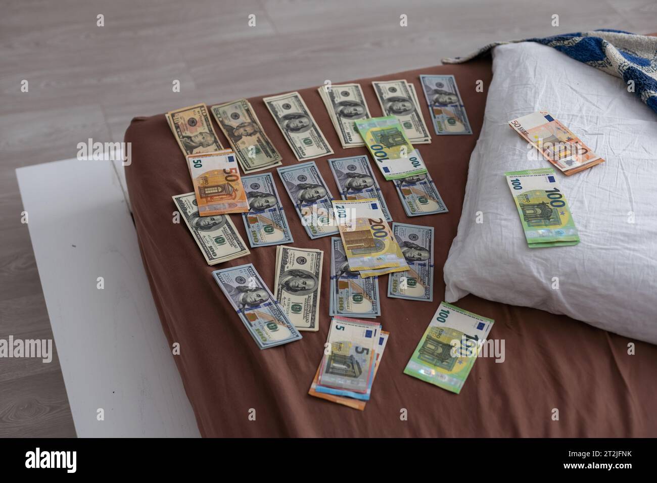 Flat lay composition with evidences and crime scene markers on background Stock Photo