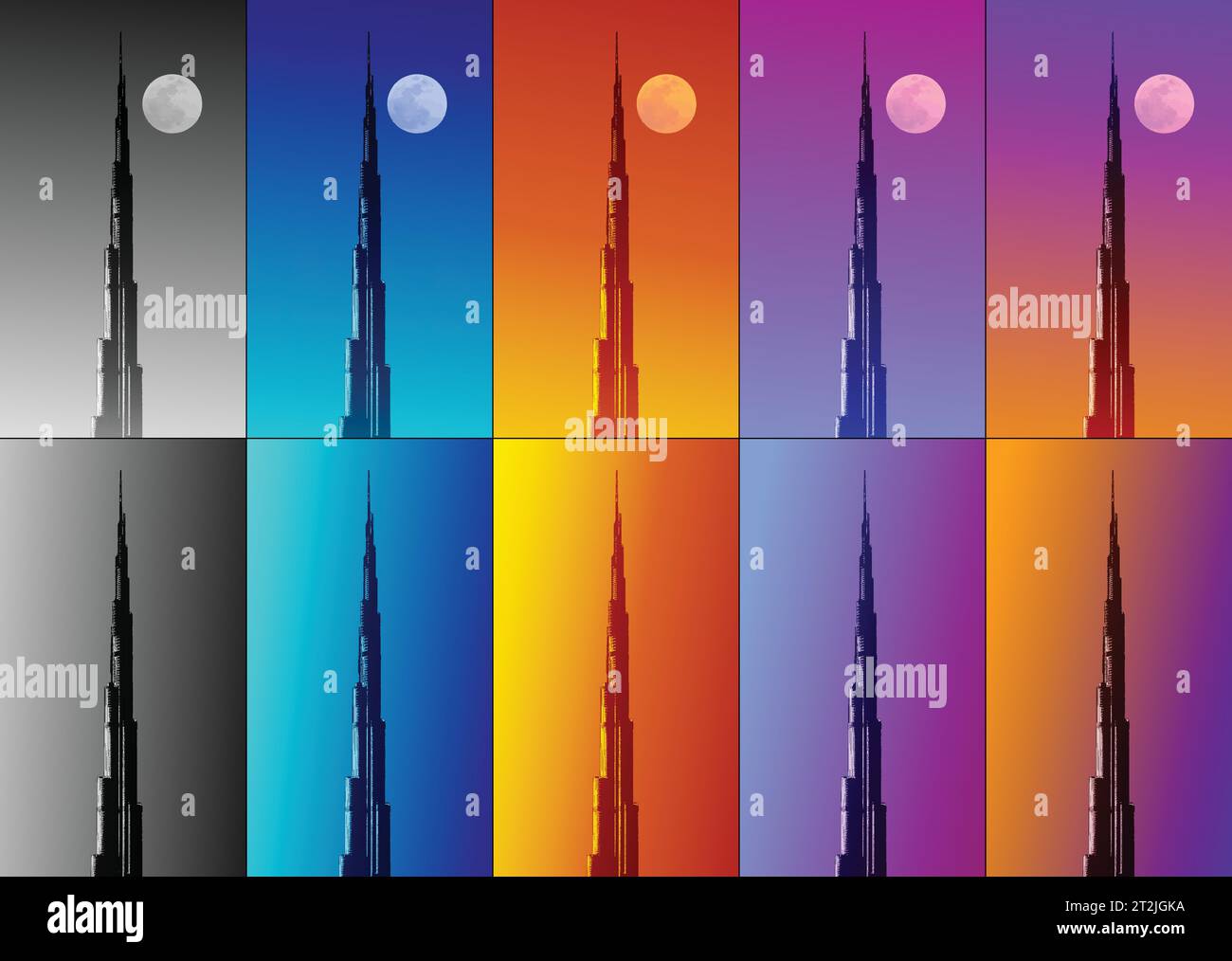 Burj Khalifa of Dubai Vector file with Ten Different Gradient Background Illustrations for Your Choice. Stock Vector