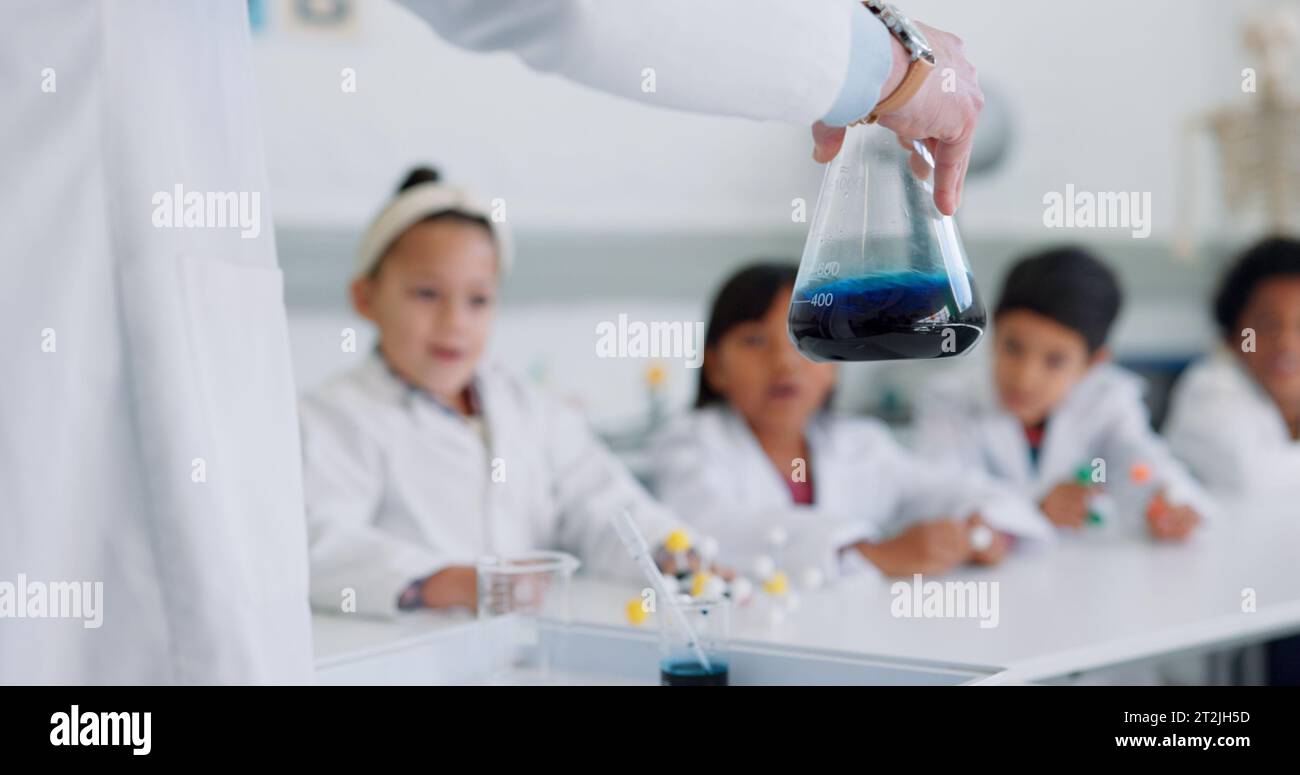 Experiment, science class and glass with chemical and classroom project ...