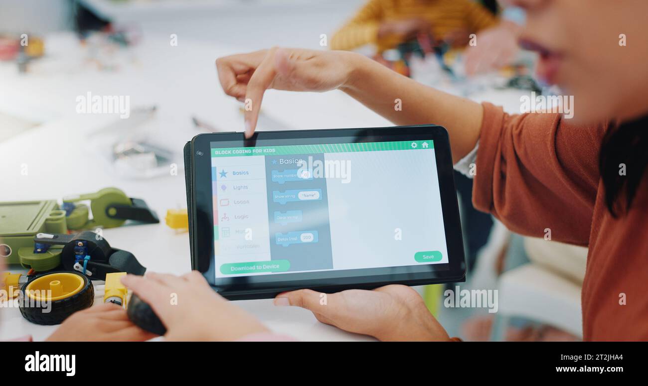 Kids, coding and learning robotics with tablet, screen and engineering ...