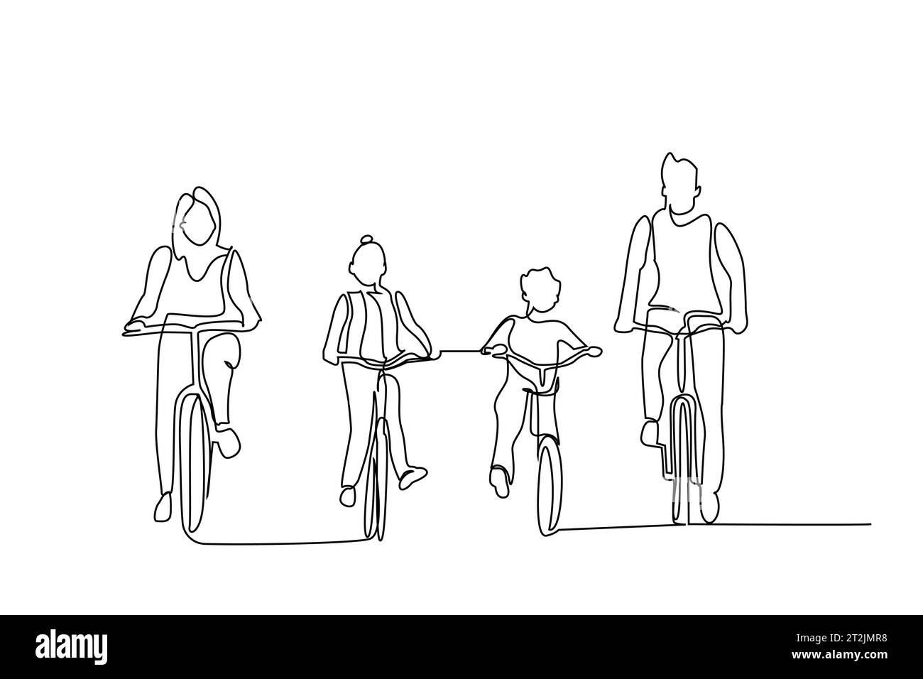 happy family mom dad and kids riding bike together activity lifestyle line art Stock Vector