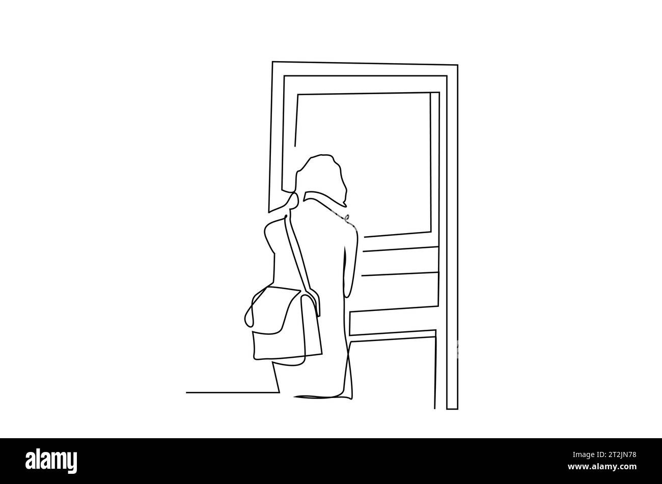 woman lock door and leaves house. Female opens the door and goes on vacation. woman backpack stands with her back turned Stock Vector