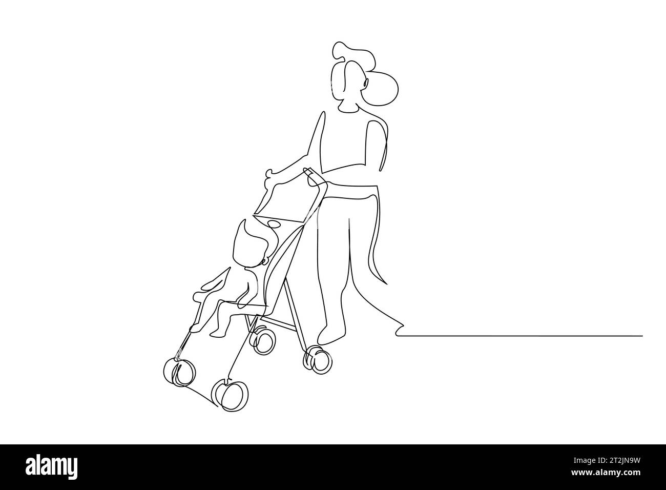 mother child walking outside in the park in the stroller together line art Stock Vector