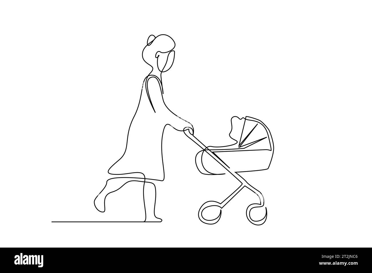 mother child walking outside in the park in the stroller together line art Stock Vector