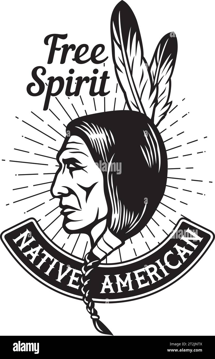 Free Spirit. Native American. Indian Chief Head Color Vector Illustration. Stock Vector