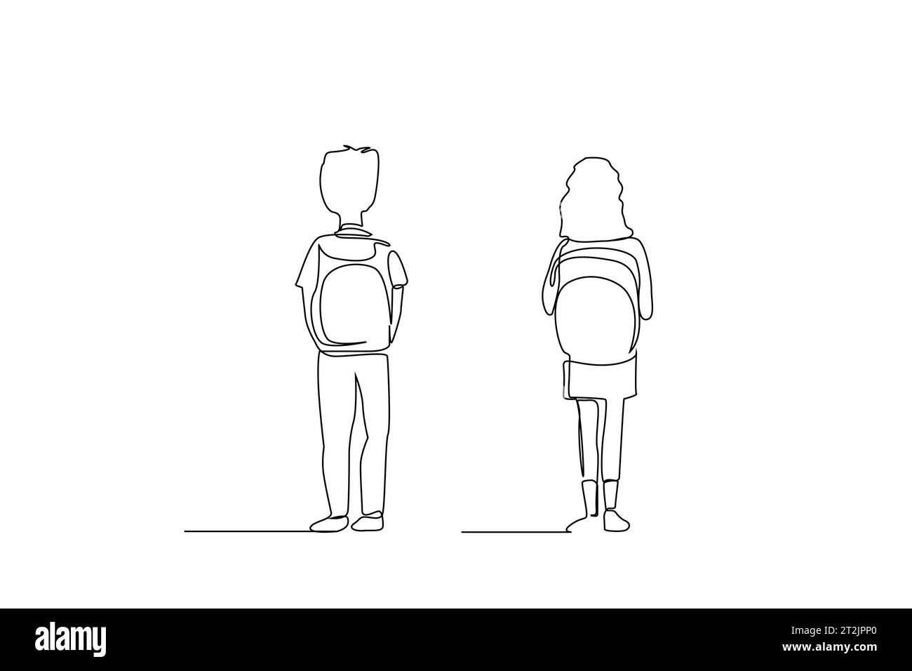 young student girl with backpack and boy full body length back rear behind line art design Stock Vector